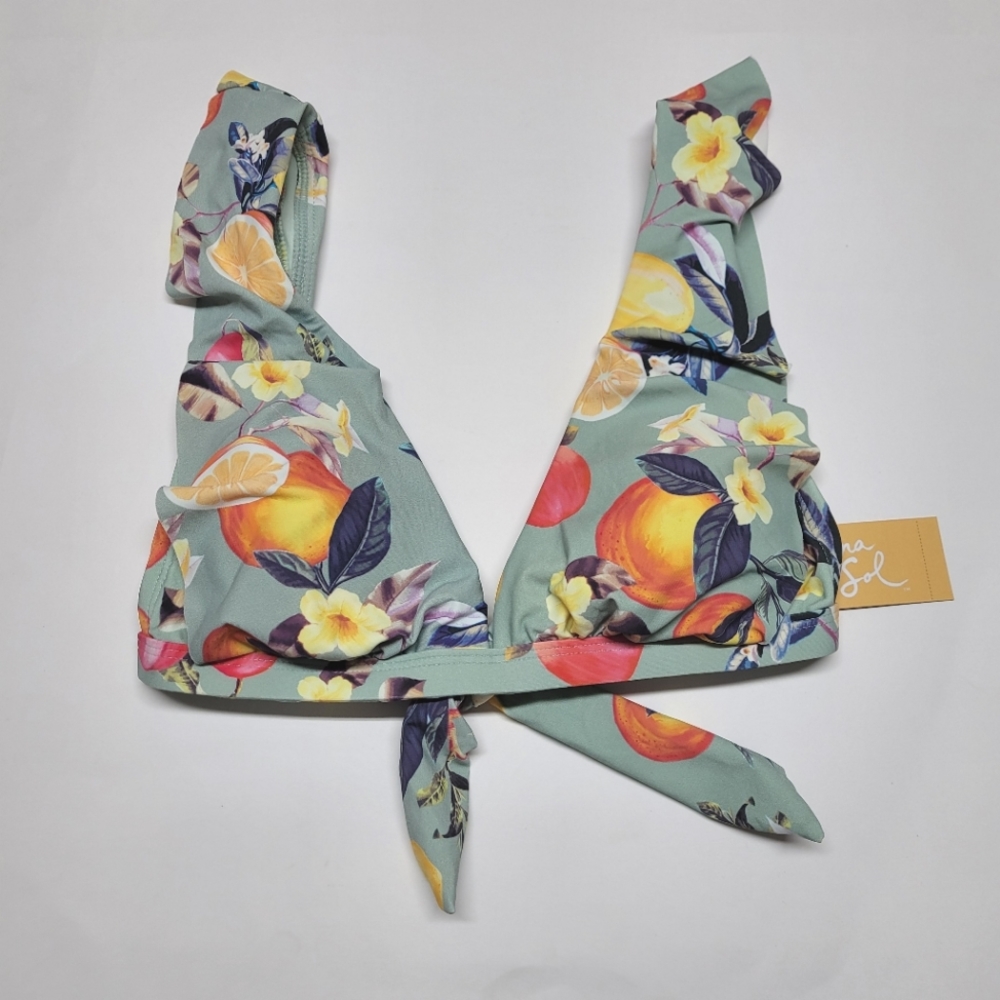 New! Kona Sol Green Floral Peach/Orange Ruffle Bikini Top